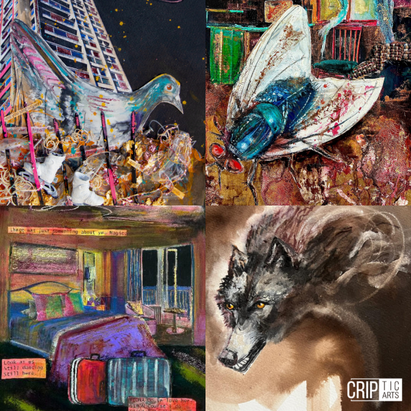 A series of four artworks by Rachel Gadsden, each depicting a different show as part of The Acts 2026. Pruu the Pidj The first painting depicts a brightly coloured pigeon with blue and purple brush strokes. Behind them stands a housing block with a yellow and white orb hanging in a dark night sky. In front of the pigeon are sharp spikes of black and pink, with mixed media scattered around including string, rollerblades, and distorted words printed. Realms The second painting sees a grey and brown wolf burst from swirls of brown watercolour. Their face holds a snarl of white teeth and bright yellow eyes. The Ache of It The third painting shows a scene of a bedroom with lush pillows on the bed and two suitcases stacked in front. The colours are abstract, saturated and bold, with pinks and blues, purples and greens, yellow and oranges all bouncing off each other. Body Job The fourth and final painting features a detailed fly with blue and green glistening body and large red eyes in a decaying and filthy bedroom.