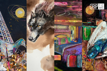 A series of four artworks by Rachel Gadsden, each depicting a different show as part of The Acts 2026.  Pruu the Pidj The first painting depicts a brightly coloured pigeon with blue and purple brush strokes. Behind them stands a housing block with a yellow and white orb hanging in a dark night sky. In front of the pigeon are sharp spikes of black and pink, with mixed media scattered around including string, rollerblades, and distorted words printed.  Realms The second painting sees a grey and brown wolf burst from swirls of brown watercolour. Their face holds a snarl of white teeth and bright yellow eyes.  The Ache of It The third painting shows a scene of a bedroom with lush pillows on the bed and two suitcases stacked in front. The colours are abstract, saturated and bold, with pinks and blues, purples and greens, yellow and oranges all bouncing off each other.   Body Job The fourth and final painting features a detailed fly with blue and green glistening body and large red eyes in a decaying and filthy bedroom.